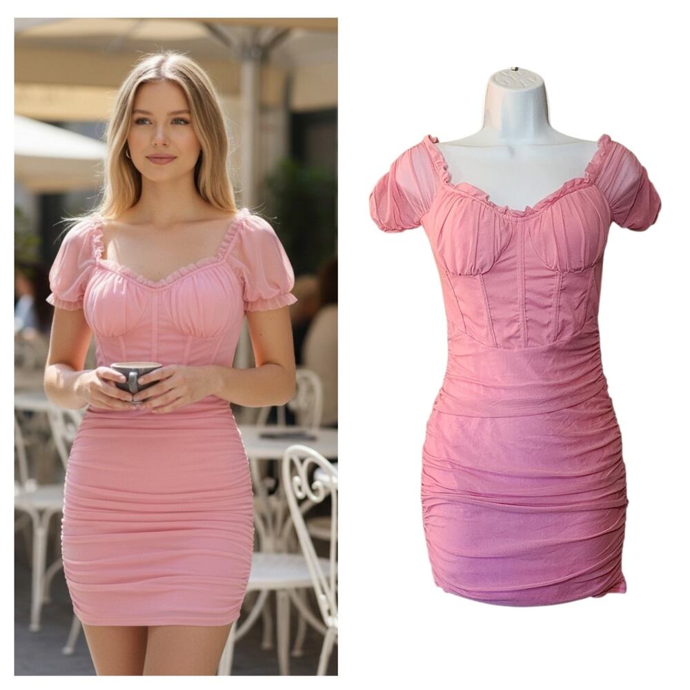 Privy Womens Mini Bodycon Dress Size M Baby Pink Ruched Corset Mesh Tight